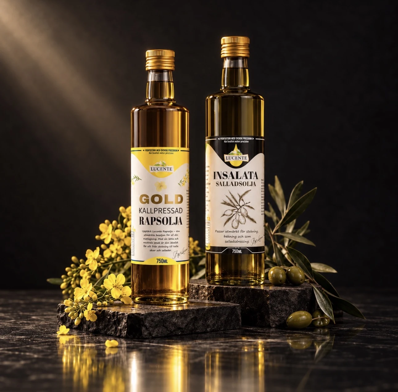 Lucente Gold rapsolja och Insalata salladsolja på stenpiedestal